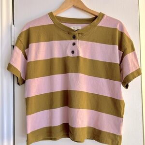Madewell Parkview Henley Tee Pink Green Cropped Rugby Stripe, Large